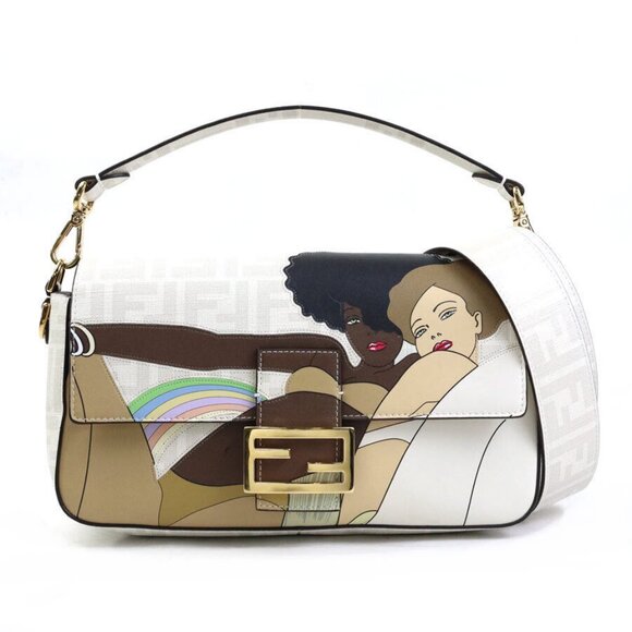 Auth FENDI Baguette Handbag Shoulder Bag Off White/Multicolor PVC - Picture 1 of 14